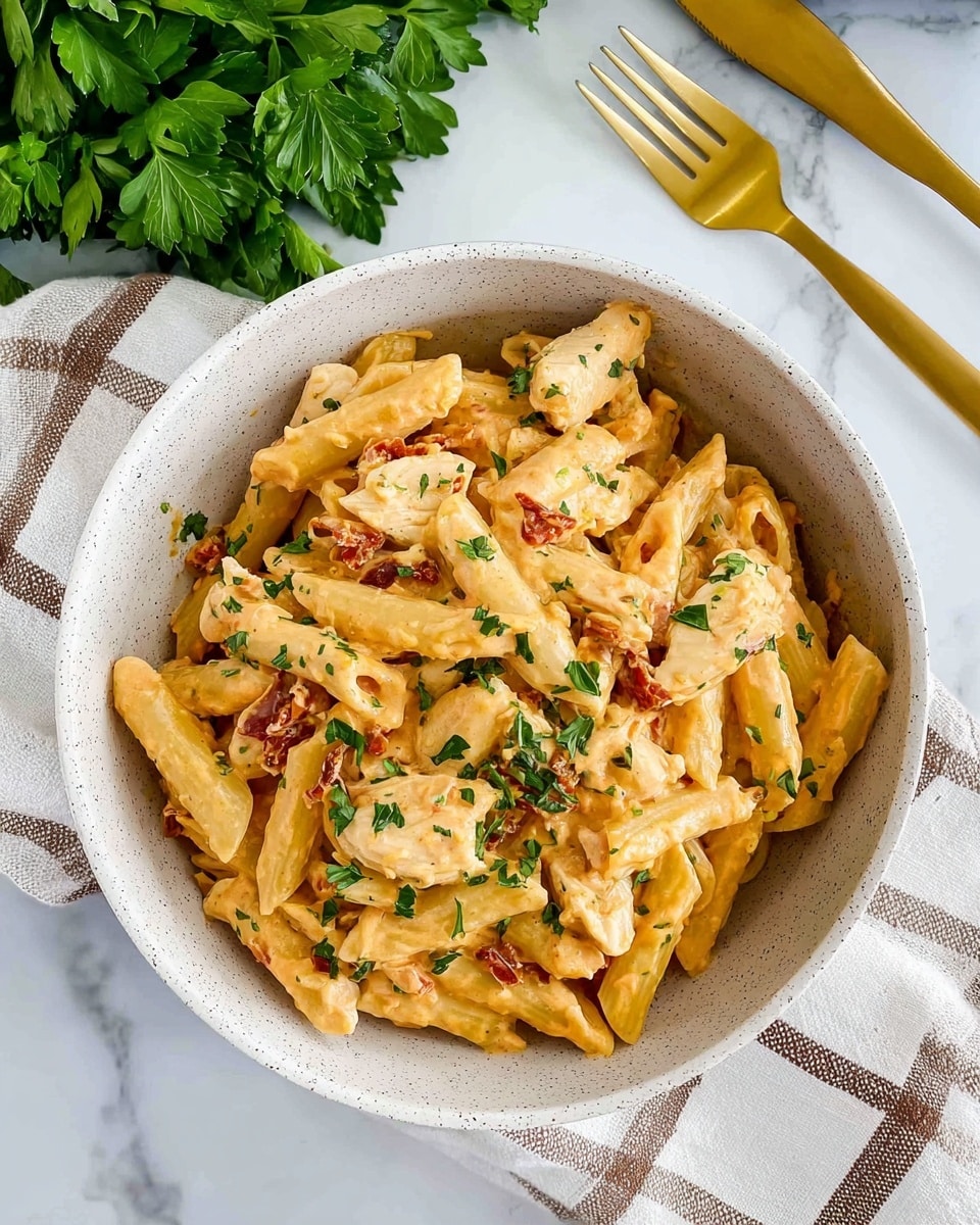 A white speckled bowl filled with creamy penne pasta mixed with chunks of white chicken and small pieces of sun-dried tomatoes, all coated in a rich, light orange cheese sauce with a smooth texture. The dish is topped with finely chopped green parsley that adds a fresh touch of color. The bowl is placed on a white marbled surface with a white and brown checkered cloth underneath, and there is some green leafy parsley on the top left corner. A gold fork and spoon lay near the top right corner. Photo taken with an iphone --ar 4:5 --v 7