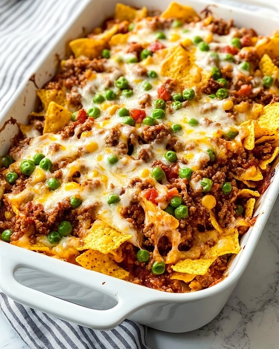 The image shows a white rectangular baking dish with a layer of crispy corn chips at the bottom, topped with cooked ground beef that is brown and crumbly. There are scattered pieces of yellow corn and small bits of red tomato mixed in. Melted orange and light yellow cheese layers cover parts of the dish, with some green onion pieces adding a touch of color on top. The dish rests on a white marbled surface with natural light highlighting the textures of the ingredients photo taken with an iphone --ar 4:5 --v 7
