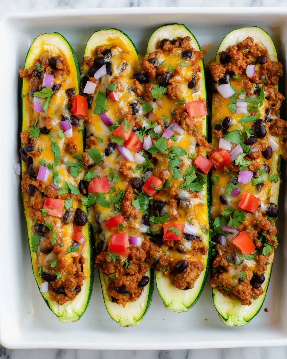 A white baking dish contains six zucchini halves placed side by side, each zucchini hollowed and topped with a layer of browned ground meat mixed with black beans and melted cheese. On top of this, there are small colorful chunks of red tomato and purple onion scattered evenly, along with fresh green cilantro leaves adding a vibrant touch. The zucchini shells show a zipper-like dark green edge giving a nice contrast to the filling. The background has a white marbled texture. Photo taken with an iphone --ar 4:5 --v 7