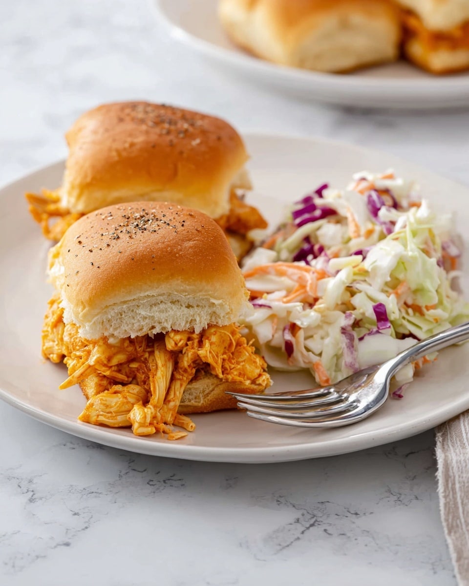 The image shows three small sandwiches on a white plate with a white marbled surface. Each sandwich has three clear layers: the top layer is a shiny, golden-brown bun sprinkled with black pepper; the middle layer is bright orange shredded chicken with visible herbs and a slightly moist texture; the bottom layer is creamy coleslaw made of thinly sliced white cabbage, orange carrot strips, and bits of purple onion, all mixed in a light dressing. The sandwich in front is fully visible, while the other two are slightly blurred in the background, showing a soft, airy bun pressed over the fillings. photo taken with an iphone --ar 4:5 --v 7