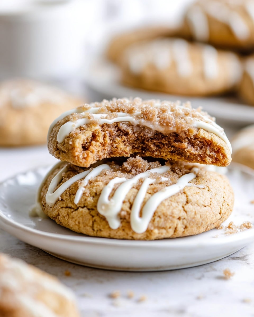 The image shows two round cookies on a white textured plate and cooling rack, placed on a white marbled surface. Each cookie has a light golden brown base layer with crumbly brown topping sprinkled unevenly on top. Over the crumb layer, there is a shiny white drizzle of icing in thin and thick lines, some pooling slightly on one side of the cookie. Crumbles are scattered around the plate and surface. A white flower is placed near the cooling rack on the right side. Photo taken with an iphone --ar 4:5 --v 7