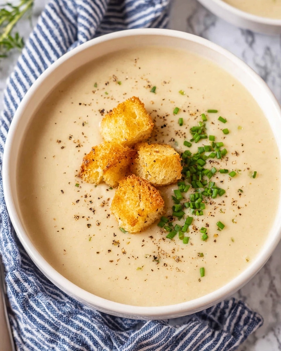 The image shows a white bowl filled with smooth, creamy light beige soup. On top of the soup, there are three golden-brown croutons placed in the center, surrounded by a sprinkle of finely chopped bright green chives and a few specks of black pepper. The bowl is set on a blue and white striped cloth on a wooden surface with dried green herbs nearby. In the background, there is a large blue pot slightly out of focus, along with another white bowl filled with the same soup. Photo taken with an iphone --ar 4:5 --v 7