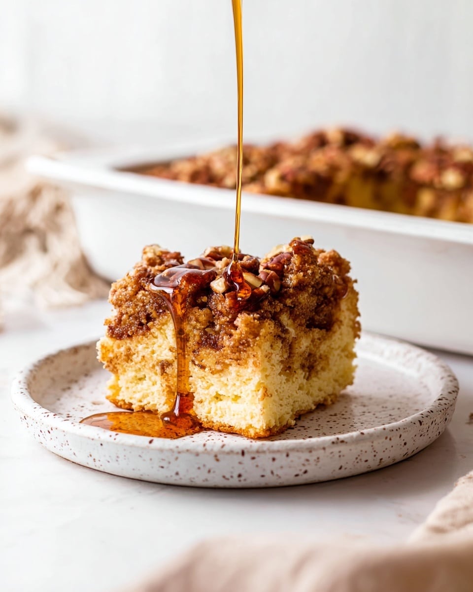 A close-up view of a baked dish in a white baking dish resting on a white marbled surface shows a top layer of golden brown crumb topping mixed with pecans. The crumb layer is textured with clumps of crumb and whole pecans scattered evenly, dusted with a light sprinkle of white powdered sugar. Beneath, small patches of soft, baked bread pieces peek through the crumb topping, showing a warm orange-brown color. The edges of the baking dish show some baked crust marks. Photo taken with an iphone --ar 4:5 --v 7