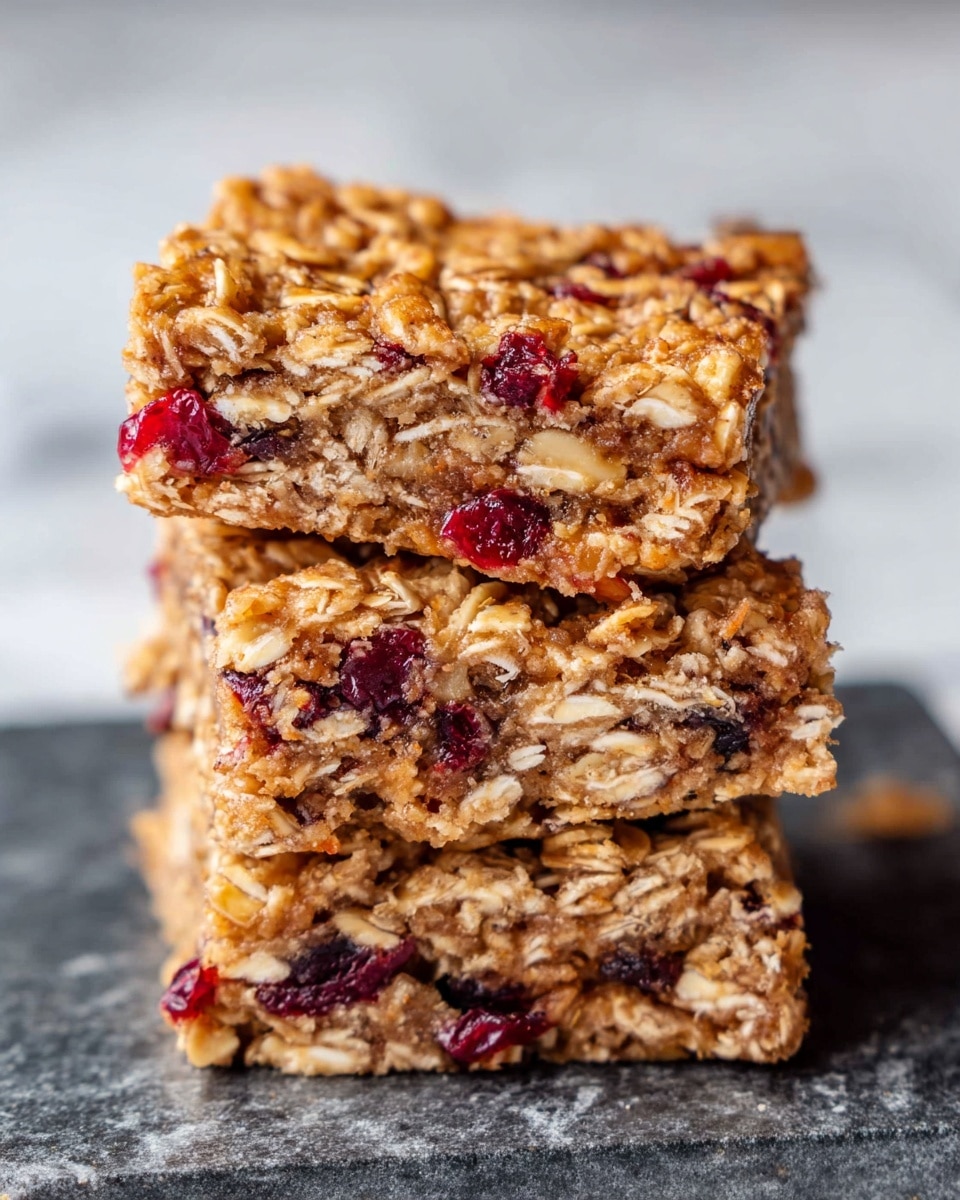 A batch of baked oat bars cut into 16 square pieces, with 4 pieces set apart from the main block. Each bar has a textured top layer made of toasted oats with visible bits of dried fruit scattered throughout, giving a mix of golden brown, light beige, and dark red colors. The bars sit on a piece of parchment paper with slight brown spots from baking, placed on a white marbled surface. Photo taken with an iphone --ar 4:5 --v 7