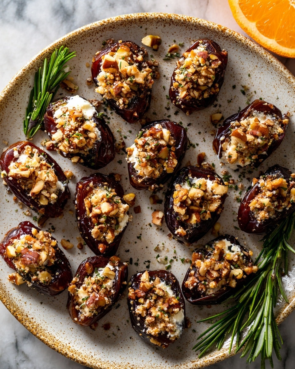 The image shows a white round plate filled with brown dates that have been sliced open and stuffed with white creamy cheese. Each date is topped with a crunchy mix of chopped light brown nuts and herbs, giving a textured and slightly uneven look. The plate's surface has a rough speckled golden finish that contrasts with the shiny, sticky dates. There are a few fresh green rosemary sprigs placed around the plate and in the upper right corner, part of an orange slice peeks in. The whole scene is set on a white marbled surface. photo taken with an iphone --ar 4:5 --v 7