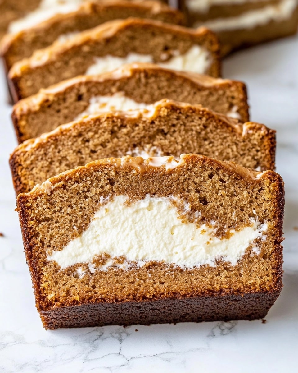 The image shows several slices of a loaf cake arranged in a row on a white marbled surface. Each slice has two main layers: a thick, moist, brown cake layer on the top and bottom with a slightly crumbly texture, and a creamy white layer in the middle that looks smooth and soft. The cake's edges are slightly darker brown, showing a baked crust. The cream layer runs unevenly through the center, giving each slice a nice contrast in color and texture. The photo taken with an iphone --ar 4:5 --v 7
