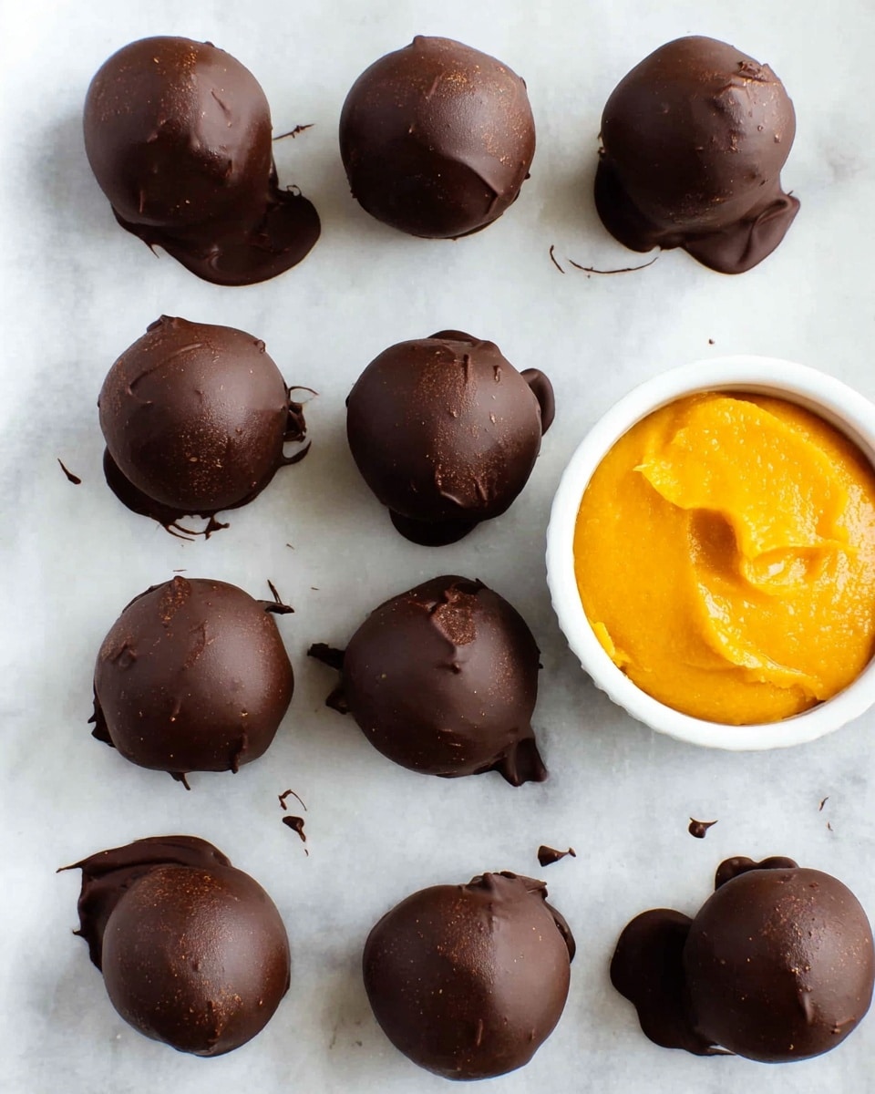 The image shows round chocolate-covered balls arranged on a white marbled surface. One ball is cut open in the center, revealing two layers inside: a dense, crumbly orange-brown layer with small dark chocolate chips mixed throughout, all covered by a smooth, thick dark chocolate coating on the outside. The chocolate coating is shiny and even, giving the balls a polished look. Around the cut ball, there are whole balls with the same dark chocolate outer layer, showing slight natural bumps and a rich brown color. In the corner, a white bowl with an orange sauce is partially visible. photo taken with an iphone --ar 4:5 --v 7