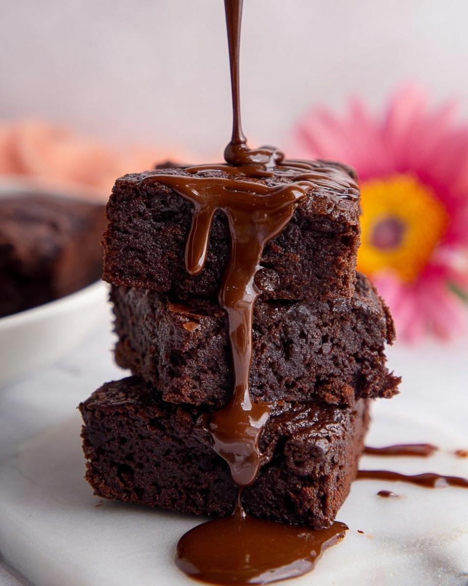 Three thick and dark brown chocolate brownies are stacked one on top of another on a white plate. Smooth, shiny chocolate sauce is being poured from above, dripping slowly down the sides and pooling at the base on the white marbled surface. The brownies have a moist texture with small air holes visible, giving a soft and rich look. In the background, a blurry pink and yellow flower adds a touch of color without taking attention from the dessert. Photo taken with an iphone --ar 4:5 --v 7