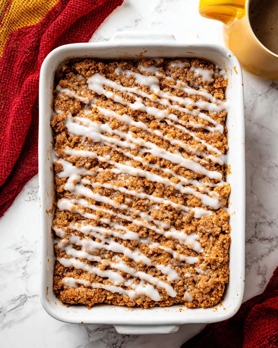 A white rectangular baking dish holds a crumbly dessert with one thick layer of coarse, golden-brown streusel topping. A thin drizzle of white icing runs diagonally across the entire surface, contrasting with the crunchy texture below. The dish rests on a white marbled surface with part of a red cloth visible in the bottom right corner and part of a yellow mug handle on the right side. Photo taken with an iphone --ar 4:5 --v 7