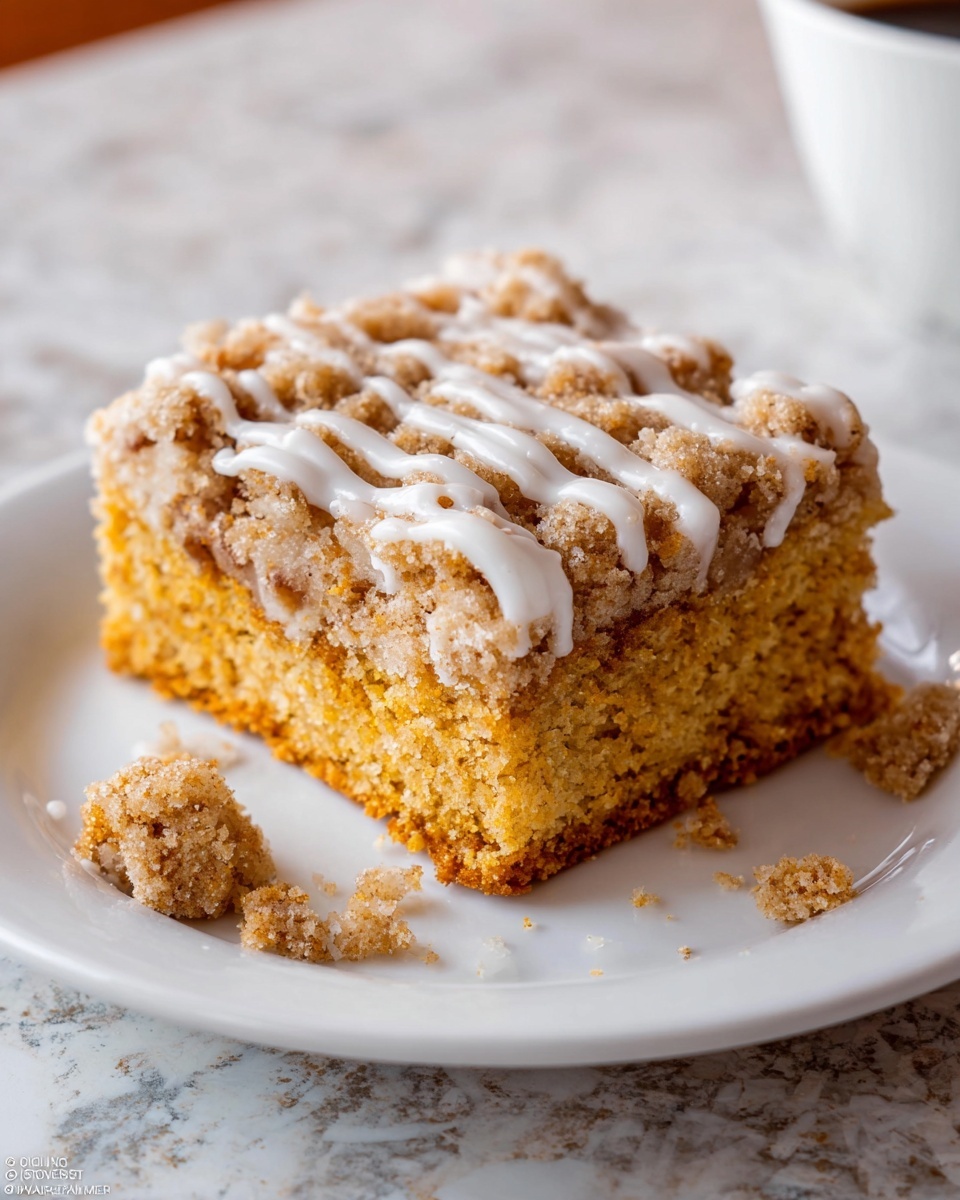 A white baking dish filled with a crumb cake that has three layers: a soft orange cake base, a thick crumbly brown cinnamon topping, and a light white glaze drizzled on top. One square piece is lifted by a wooden spatula with a shiny metal part, showing the soft texture of the orange cake and crumbly topping. The dish is set on a white marbled surface with a red cloth on the bottom left and a wooden plate partially visible on the top left. Photo taken with an iphone --ar 4:5 --v 7