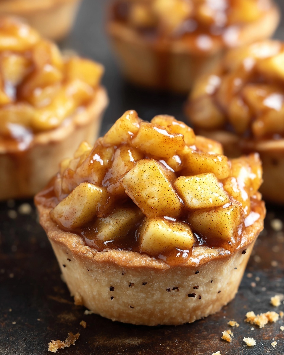 A small cupcake with three clear layers: at the bottom, a thick golden-brown pastry crust, slightly rough and crumbly; in the middle, chunky caramelized apple pieces covered with a shiny, golden brown sauce that drips down the side; on top, a tall swirl of white cream frosting with light brown specks and caramel drizzle. The cupcake sits on a dark wooden surface with crumbs scattered around, and in the blurred background, more cupcakes can be seen. The surface is changed to a white marbled texture. photo taken with an iphone --ar 4:5 --v 7