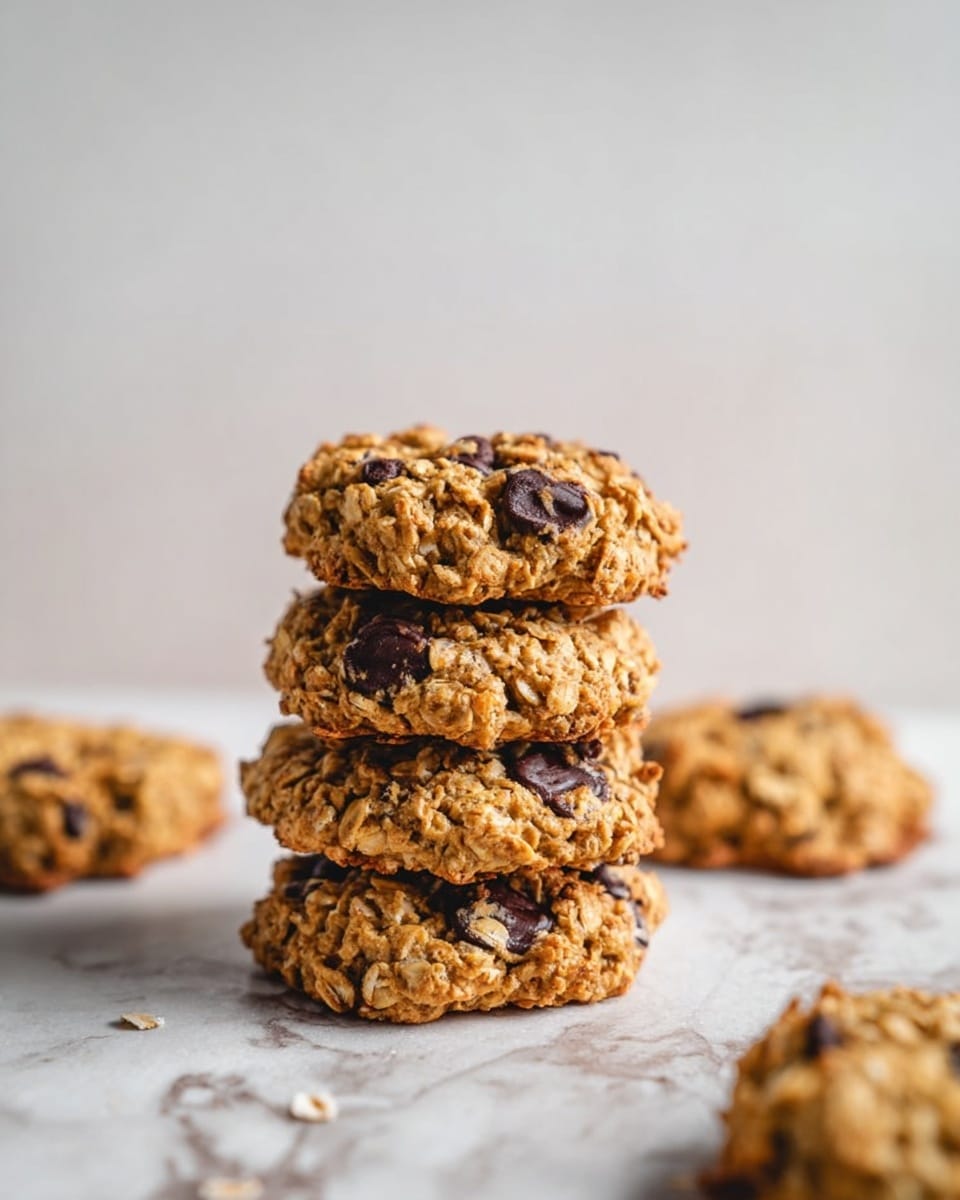 The image shows a close-up view of several oatmeal cookies with chocolate chips placed on a white marbled surface. Each cookie is round and thick, with a rough texture that reveals visible rolled oats throughout. The cookies are golden brown with darker brown chocolate chips scattered on the top and embedded within the dough. In the foreground, one cookie is clearly in focus, showing detailed textures of oats and chocolate pieces, while the others fade softly into the background. There are small crumbs and oat pieces around the cookies, adding a natural and casual feel to the scene. photo taken with an iphone --ar 4:5 --v 7
