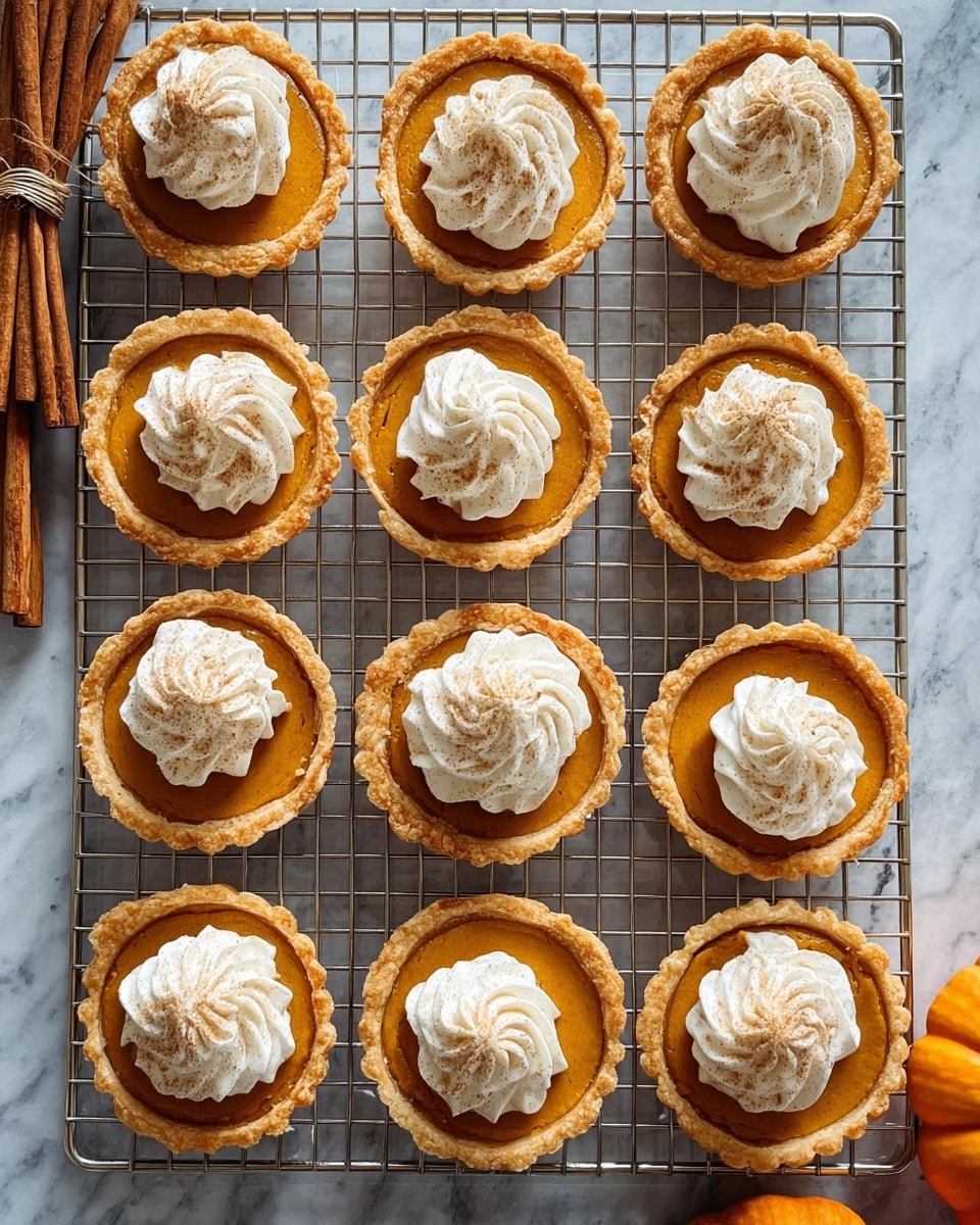 A stack of three small pumpkin tarts is shown on a white plate with a speckled pattern on a white marbled surface. The bottom two tarts have smooth, golden-brown crusts with a firm, creamy orange pumpkin filling. The top tart features the same crust and filling but is topped with a large swirl of white whipped cream sprinkled lightly with cinnamon powder. The crust edges are flaky and slightly curled, giving texture to the tarts. photo taken with an iphone --ar 4:5 --v 7