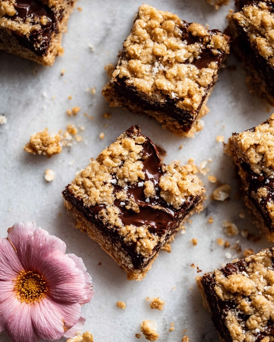 The image shows several squares of oat and chocolate bars placed on a white marbled surface. Each bar has two layers: the bottom layer is dense and dark brown with melted chocolate, and the top layer is a crumbly light tan oat mixture with visible oats. Some chocolate pieces are slightly melted and seep through the oats. Crumbs and small oat clusters are scattered around the bars. A soft pink flower with a yellow center lies near the bars, adding a delicate touch. photo taken with an iphone --ar 4:5 --v 7