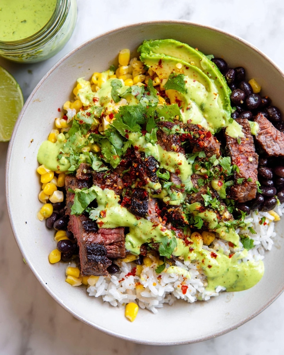 A close-up view of a bowl with four main layers starts with a base of white rice on one side, topped with small bits of yellow corn scattered throughout. Next to the rice are black beans that look soft and shiny. Slices of grilled steak with charred edges sit beside the beans, showing a pinkish center. Fresh avocado slices with a smooth green and yellow color lay on top near the steak and beans. The whole bowl is drizzled with bright green creamy sauce and sprinkled with fresh green cilantro leaves and red chili flakes. A wedge of lime is partially visible on the side of the bowl. The bowl is white and rests on a white marbled surface with a jar of green sauce nearby. Photo taken with an iphone --ar 4:5 --v 7