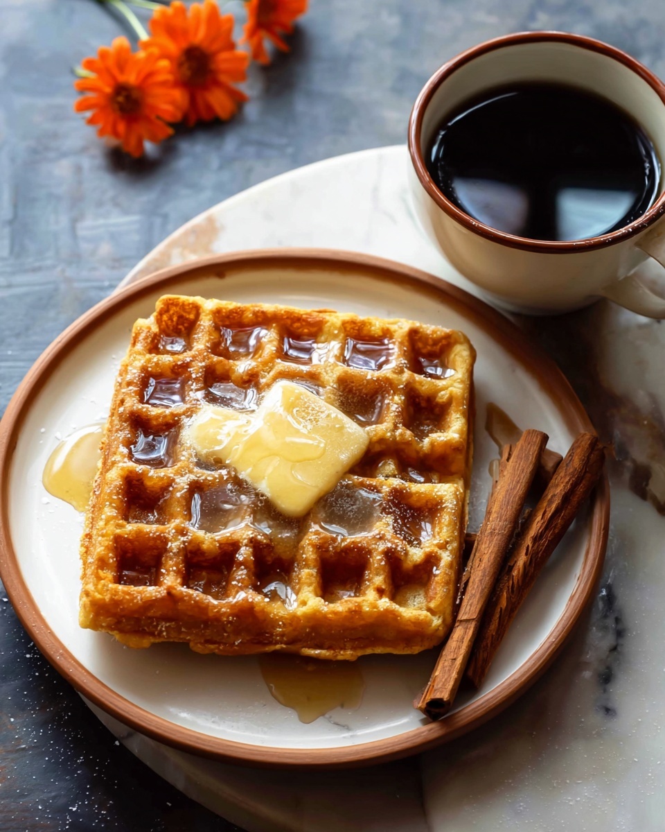 There is a stack of four golden brown waffles on a white plate, with the top waffle topped with a swirl of creamy butter melting slightly into the waffle squares. The waffles have a crisp texture with visible syrup glistening in some parts. Next to the plate, there is a brown cup filled with dark syrup, garnished with two cinnamon sticks resting inside. A silver spoon with some syrup on it lies beside the cup, all placed on a wooden surface with a white marbled background faintly visible. Photo taken with an iphone --ar 4:5 --v 7