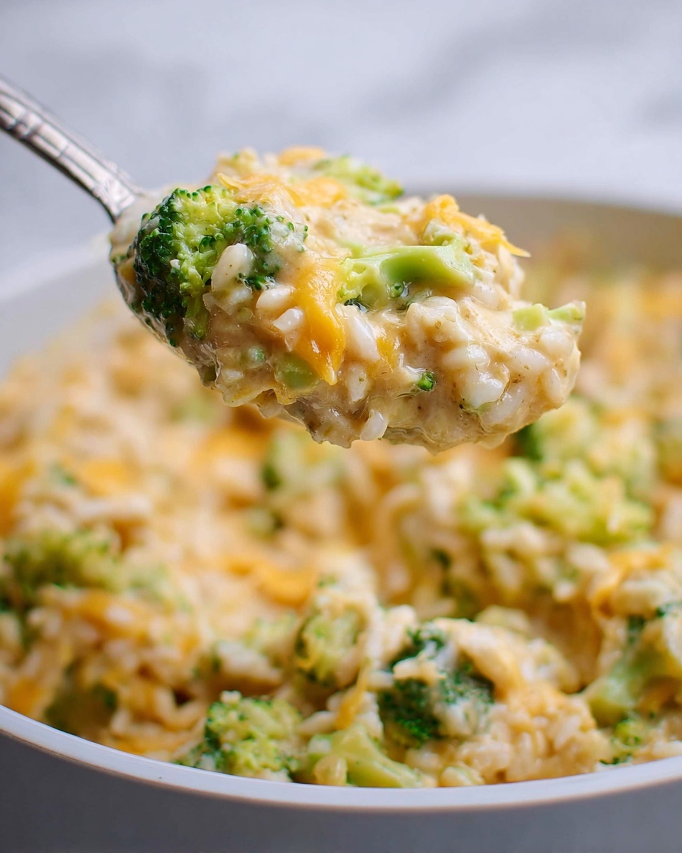 The dish is a creamy mixture in one layer inside a white pan, showing a blend of soft yellow cheese sauce mixed with small pieces of light beige chicken and bright green broccoli florets and stalks. The rice or pasta bits in the mix add texture with a pale off-white color, and the whole dish has flecks of black pepper and other spices scattered throughout. The background surface is white with a marbled texture. Photo taken with an iphone --ar 4:5 --v 7