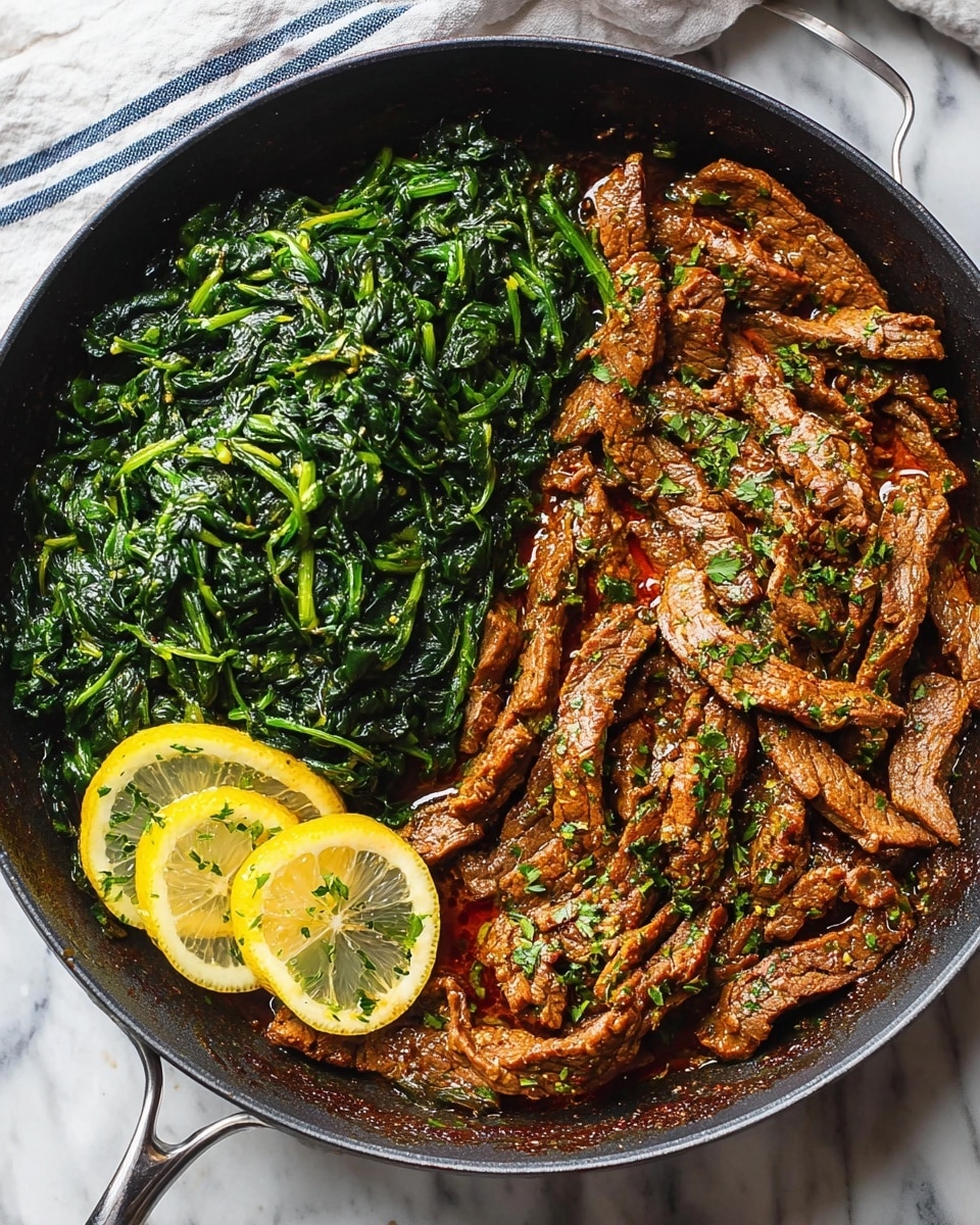 A white plate is filled with a base layer of dark green cooked spinach with a soft, slightly wilted texture, topped with a generous layer of brown, thin, twisted cooked beef strips coated in a red-brown sauce with visible herbs and red pepper flakes, creating a rich glossy look. Two thin slices of lemon with a pale yellow rind and translucent pale flesh rest on top of the beef near the right edge. A silver fork is placed on the left side of the plate, partially resting on the spinach and beef. The plate sits on a white marbled surface. Photo taken with an iphone --ar 4:5 --v 7