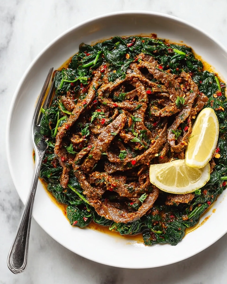 The image shows a close-up of a dish in a black pan with two main layers. The bottom layer consists of a rich, reddish-brown sauce with visible herbs and spices. On top of this, there are many thin strips of cooked beef, brown with some green herb bits scattered on them. To the left, there is a pile of dark green cooked spinach with some stems, mixed with red chili flakes. A small slice of lemon rests near the spinach at the edge of the pan. The texture of the meat looks tender and juicy while the spinach appears soft and slightly wilted. The whole scene is set on a white marbled surface. photo taken with an iphone --ar 4:5 --v 7
