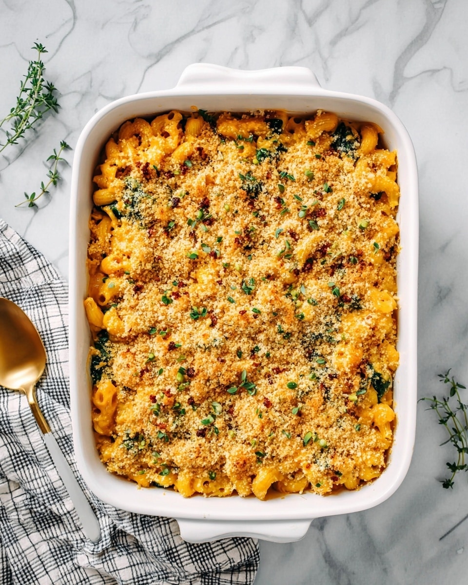 The image shows a white square baking dish filled with a baked macaroni and cheese casserole. The top layer is golden brown breadcrumbs sprinkled evenly with small bits of green herbs scattered across. Beneath the crispy topping, there is a creamy, orange-yellow cheesy sauce mixed with elbow pasta and visible pieces of wilted green spinach. The baking dish is set on a white marbled surface with a folded checkered cloth underneath one corner and a golden spoon placed nearby. A few small herb leaves are casually placed around the dish. Photo taken with an iphone --ar 4:5 --v 7