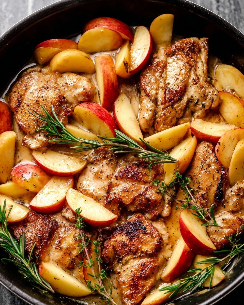 The image shows a close-up of cooked chicken pieces in a dark pan, each piece with a golden-brown, slightly crispy texture and some seasoning on top. Surrounding and partially covering the chicken are thin slices of light yellow and red-skinned apples, slightly softened and mixed with sprigs of fresh green rosemary. The dish looks juicy with a light sauce pooling at the bottom, and the background surface is white marble. photo taken with an iphone --ar 4:5 --v 7