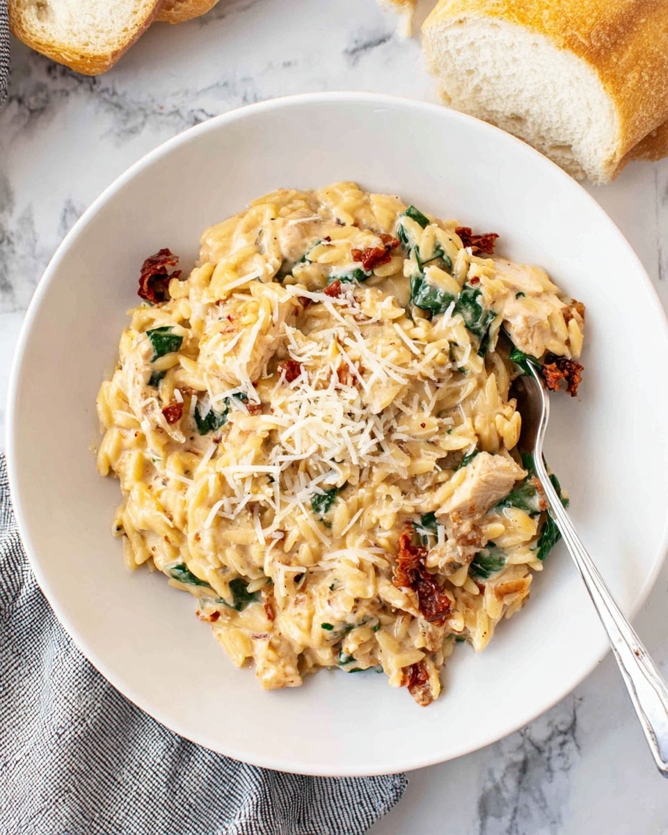 A white bowl filled with creamy rice mixed with pieces of cooked chicken, bright green spinach leaves, and small bits of sun-dried tomatoes. The top layer shows grated white cheese sprinkled over the rice, giving a light, textured look. A wooden spoon is scooping into the mix, lifting a portion of the soft, well-blended dish that has a light golden cream color with hints of red and green. The bowl sits on a white marbled surface with green leafy ingredients blurred in the background. Photo taken with an iphone --ar 4:5 --v 7