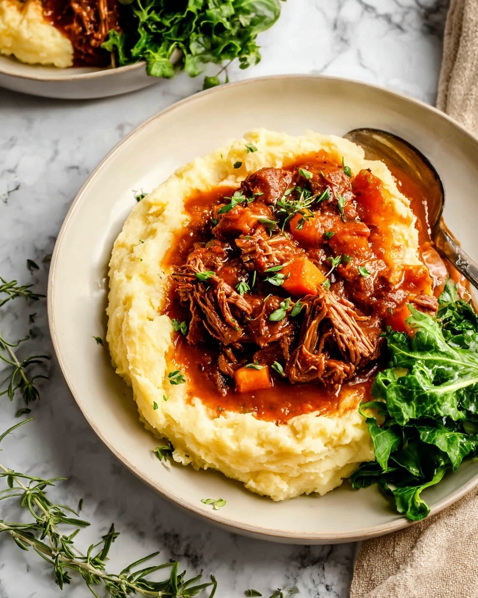 Two white bowls each show a layered meal with three main parts. The bottom layer is creamy off-white mashed potatoes, smooth and soft. On top is a thick layer of dark brown meat stew with rich sauce and small orange carrot cubes, scattered with green herbs. One bowl has a bunch of bright green broccolini with a crisp texture on the right side of the bowl. Both bowls have silver forks resting inside. They sit on a white marbled surface with fresh green herbs scattered around, light brown cloth next to one bowl, and two glasses of amber-colored drink placed near the bowls. Photo taken with an iphone --ar 4:5 --v 7