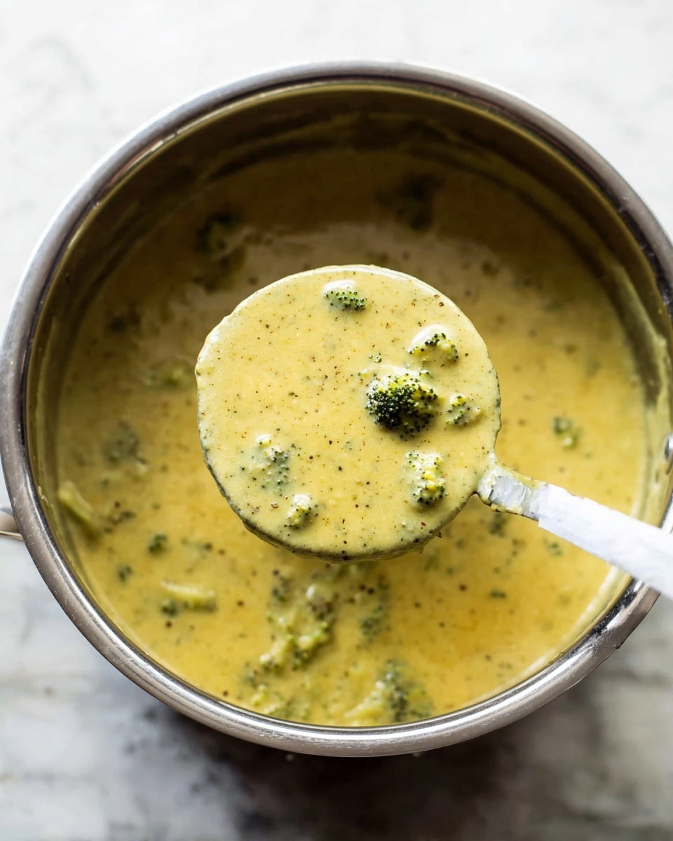 A shiny metal pot filled with creamy yellow soup with visible small green broccoli pieces mixed throughout. A large ladle lifts a portion of the thick soup, showing the smooth texture with specks of seasoning and the broccoli floating in it. The background is a white marbled surface, adding a clean and bright contrast to the warm, comforting look of the soup. photo taken with an iphone --ar 4:5 --v 7