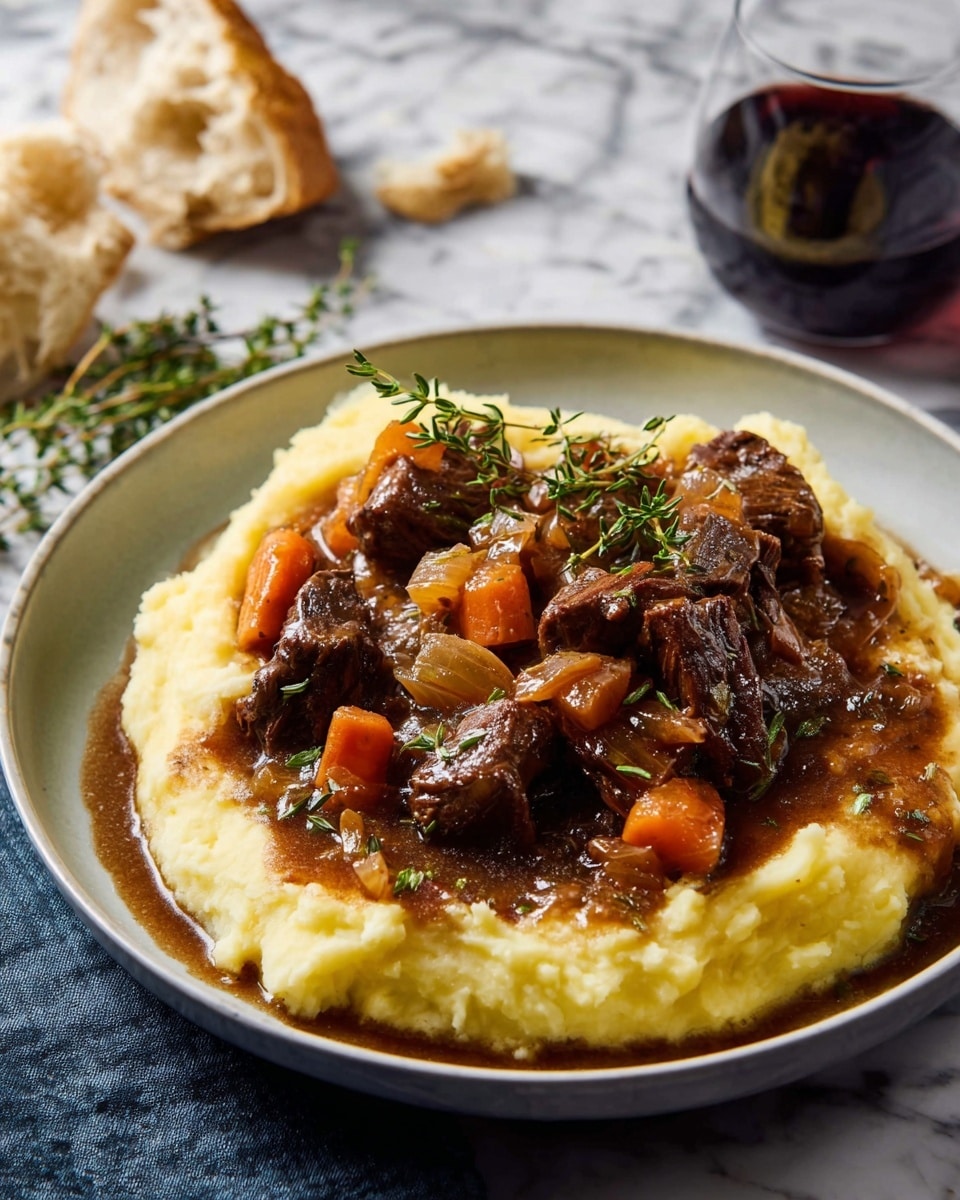 A white plate shows two main layers: the bottom layer is smooth, creamy mashed potatoes in a pale yellow color, spread evenly across the plate. The top layer is rich brown stewed meat with visible chunks of orange carrots and soft onions mixed in a thick dark gravy. Small green herb sprigs are placed on top, adding freshness and color contrast. The plate sits on a white marbled surface with a piece of torn bread and a small glass of dark red wine nearby, enhancing the cozy, rustic feel. Photo taken with an iphone --ar 4:5 --v 7
