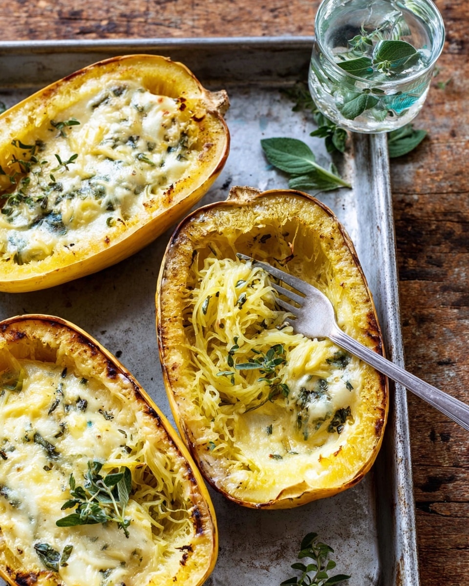 The image shows four halves of baked squash on a dark baking tray atop a white marbled surface, each half filled with a golden melted cheese layer mixed with herbs and small green leafy pieces on top, the squash skin is a rich yellow-orange color, and some sprigs of fresh green herbs are placed on top of each half for garnish, the texture of the cheese is bubbly and browned in some spots, indicating it was baked well, with the skin crisp around the edges. Photo taken with an iphone --ar 4:5 --v 7