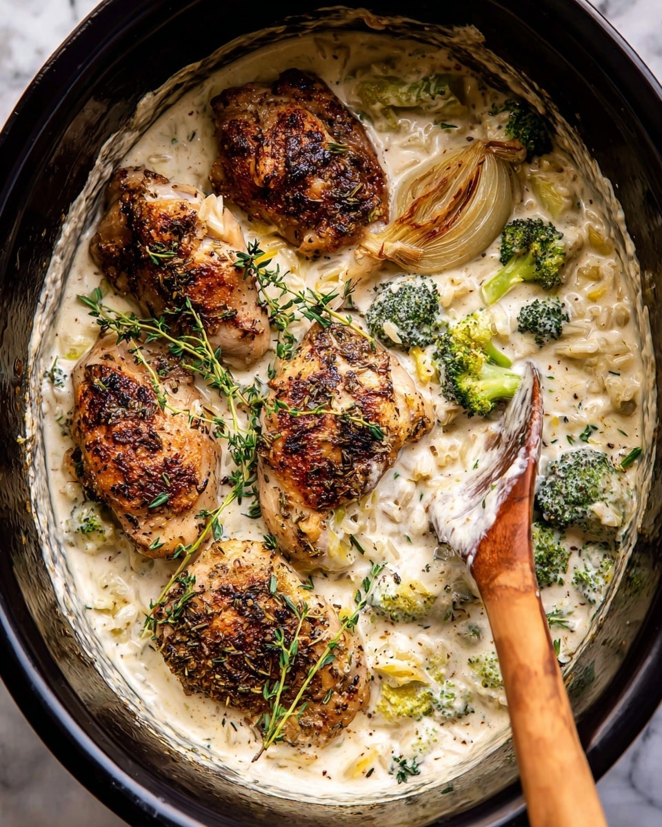 The image shows a pot filled with creamy white sauce as the base layer, mixed with small pieces of light yellow rice and small green broccoli bits. On top, there are five browned pieces of seasoned chicken, with dark herbs visible on the surface. Scattered around the chicken are light brown shallots and bright green fresh herb sprigs. A wooden spoon rests inside the pot, partially covered in the creamy sauce. The pot is surrounded by a white marbled surface. photo taken with an iphone --ar 4:5 --v 7