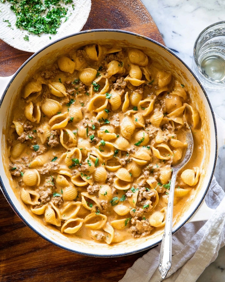 A large white pot filled with creamy pasta in a rich light brown sauce with visible minced meat and small pasta shells. The sauce coats the pasta evenly, creating a smooth, thick texture with specks of green herbs scattered throughout. A woman's hand holds the pot handle with a white towel, while another woman's hand stirs the pasta with a metal spoon on the right side. The pot sits on a wooden surface with a sprig of fresh green herbs in the background, next to a clear glass of water. photo taken with an iphone --ar 4:5 --v 7
