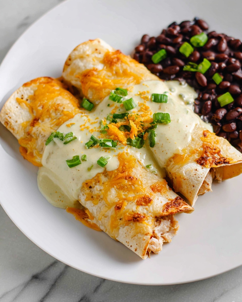 Two rolled enchiladas sit side by side on a white plate, each filled with light-colored meat and covered with a melted orange cheese layer with a slightly crispy texture. A creamy white sauce is spread thickly on top of the enchiladas and sprinkled with small green onion slices and extra orange cheese. Next to the enchiladas is a serving of small, dark black beans. A few green onion slices are scattered on the plate around the enchiladas. The plate is placed on a white marbled surface. photo taken with an iphone --ar 4:5 --v 7