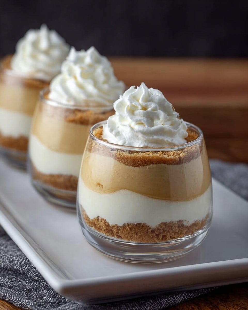 Three clear round glasses are placed in a row on a white rectangular plate over a white marbled surface. Each glass has four visible layers: the bottom layer is a light brown crumbly texture, followed by a smooth white cream layer, then a thick light beige creamy layer, and another crumbly light brown layer. The top is finished with a swirl of white whipped cream. The background is dark with a wooden edge visible. Photo taken with an iphone --ar 4:5 --v 7