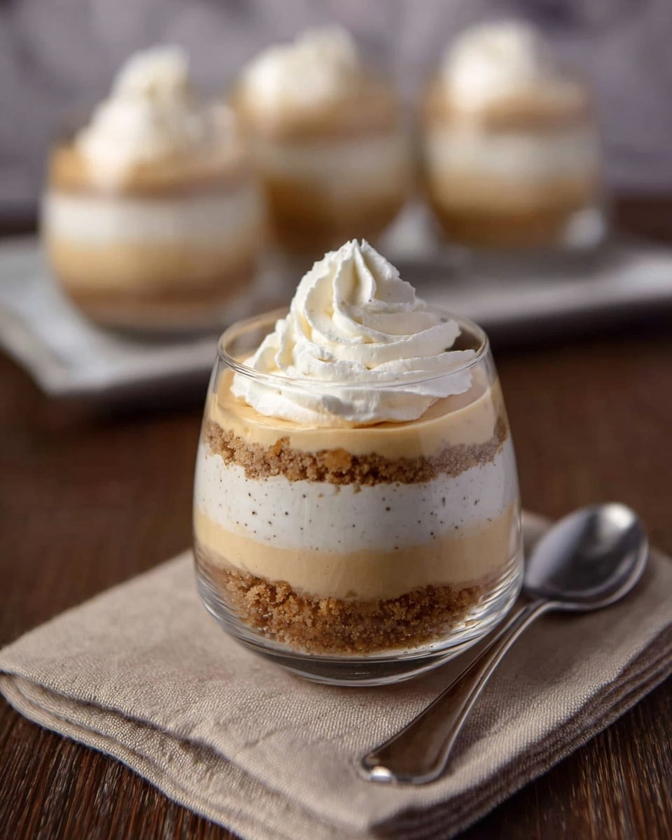 A clear round glass shows a layered dessert with five layers: the bottom layer is a smooth, pale tan cream, followed by a thick white cream layer, then a crumbly brown layer resembling crushed cookies or nuts, topped by another pale tan creamy layer with small dark specks, and finished with a swirl of white whipped cream on top. The glass is on a beige cloth napkin placed on a dark wooden surface, with a silver spoon beside it. In the blurred background, there are three more identical dessert glasses on a white tray. The setting includes a white marbled texture surface around the dessert. Photo taken with an iphone --ar 4:5 --v 7