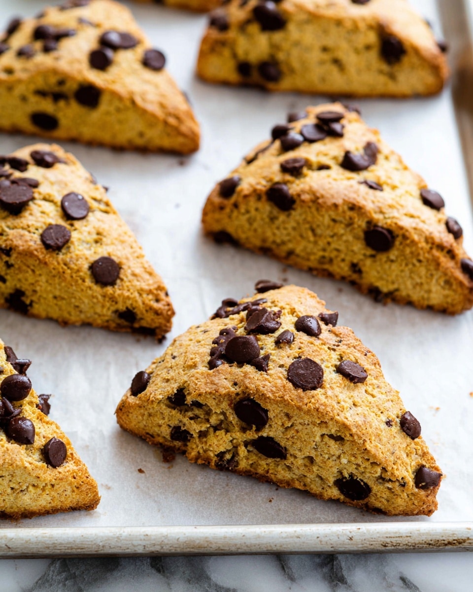 The image shows six thick, triangular scones arranged on a wooden board, dusted lightly with flour. Each scone has a golden-brown color with a slightly rough texture and is speckled with dark chocolate chips both on top and throughout the inside. The scones look soft and crumbly, with some chocolate chips scattered on the board around them. The background is a white marbled surface. photo taken with an iphone --ar 4:5 --v 7