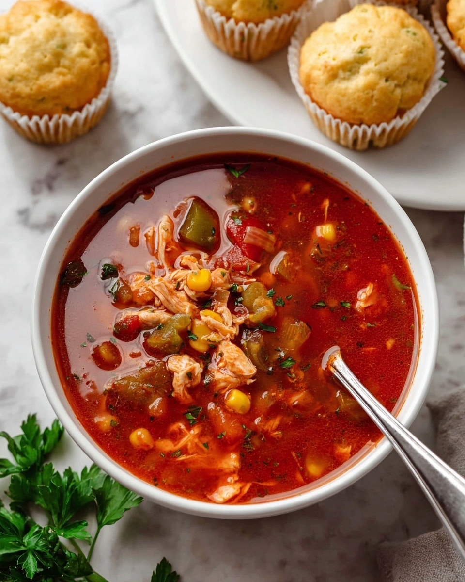 A close-up view of a rich, red-orange soup in a white bowl with various chunky pieces floating in the broth. The soup includes layers of light brown shredded chicken, light yellow potato chunks, bright orange carrot slices, green beans pieces, corn kernels, small celery slices, and bits of tomato visible in the thick liquid. A metal ladle is partially submerged in the soup, lifting a spoonful showing a mix of these colorful ingredients with a slightly shiny, wet texture. The background is a white marbled surface. Photo taken with an iphone --ar 4:5 --v 7