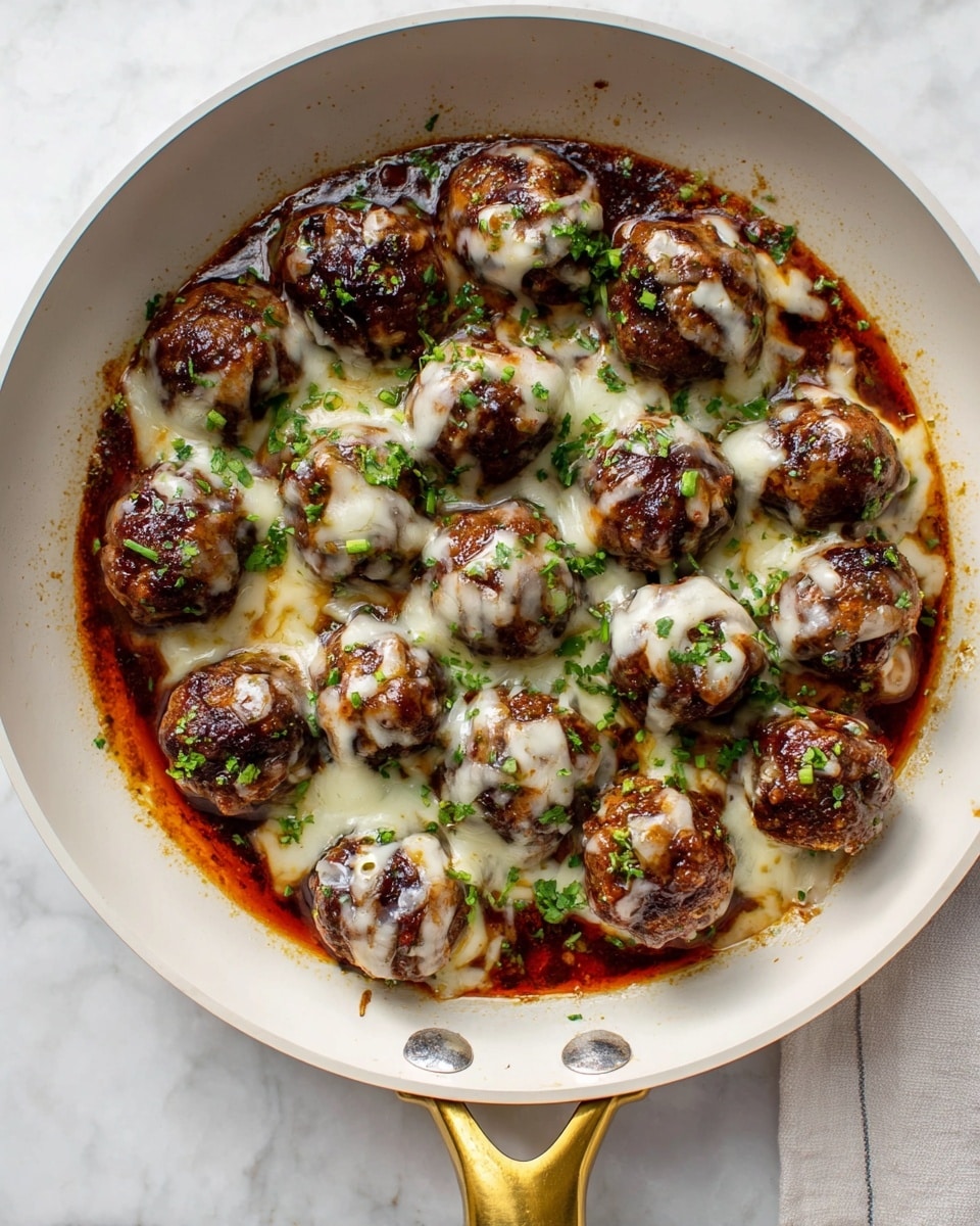 A white frying pan with a gold handle holds about twenty round meatballs arranged in a close cluster. The meatballs are dark brown with crispy edges, partially covered by melted white cheese that looks slightly stringy. They sit in a layer of rich, reddish-brown sauce that pools on the bottom of the pan. Finely chopped green herbs are sprinkled over the meatballs and cheese, adding a fresh touch. The white marbled surface underneath adds a bright, clean contrast to the warm tones of the food. Photo taken with an iphone --ar 4:5 --v 7