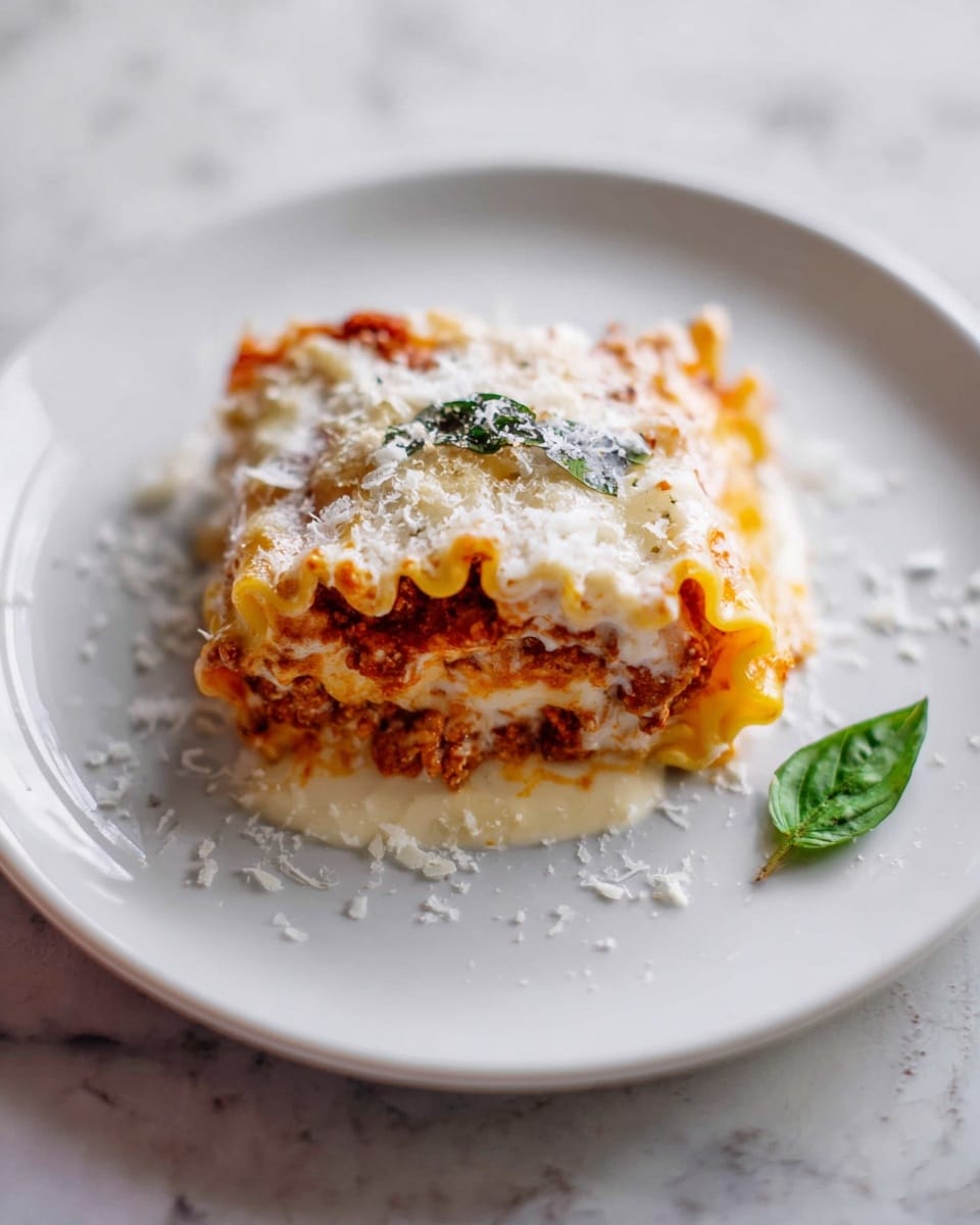 One piece of lasagna is placed on a white plate over a white marbled surface. The lasagna has multiple layers: the bottom layer has creamy light beige sauce, the middle layers show pasta sheets with a rich orange meat sauce, and the top layer is covered with melted white cheese sprinkled with grated cheese. A small green leaf is on top and another leaf rests on the plate near the lasagna. Photo taken with an iphone --ar 4:5 --v 7