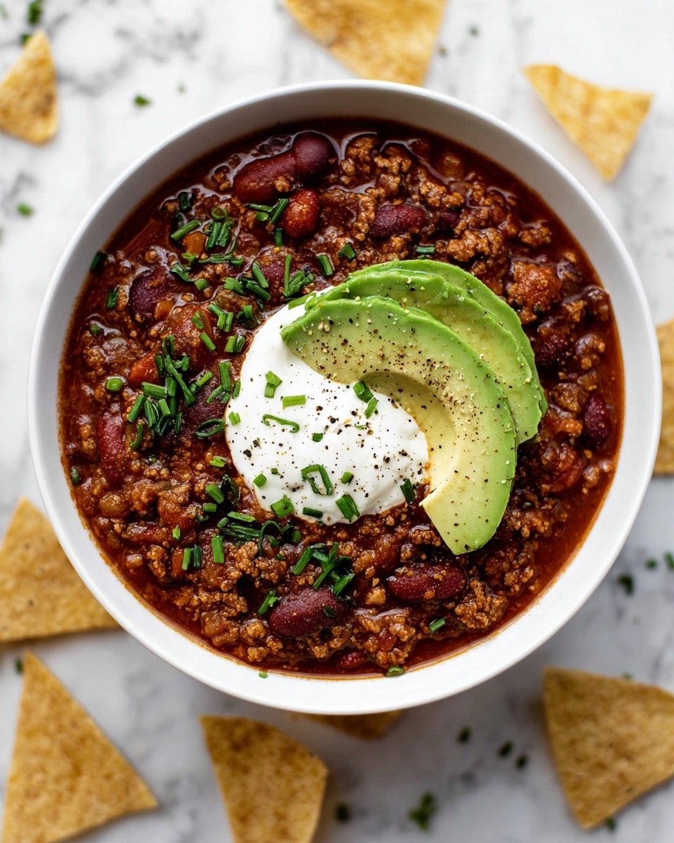 A white bowl filled with a thick chili made of dark brown ground meat and light brown beans in a rich, reddish sauce. On top, there is a round dollop of white sour cream, sprinkled with small green chive pieces and black pepper. Two slices of bright green avocado, also sprinkled with chives and pepper, rest beside the sour cream. Light brown chip crumbs are scattered on the chili near the sour cream. A silver spoon sits inside the bowl on the right side. The bowl is placed on a white marbled surface, with pieces of tortilla chips around it. Photo taken with an iphone --ar 4:5 --v 7
