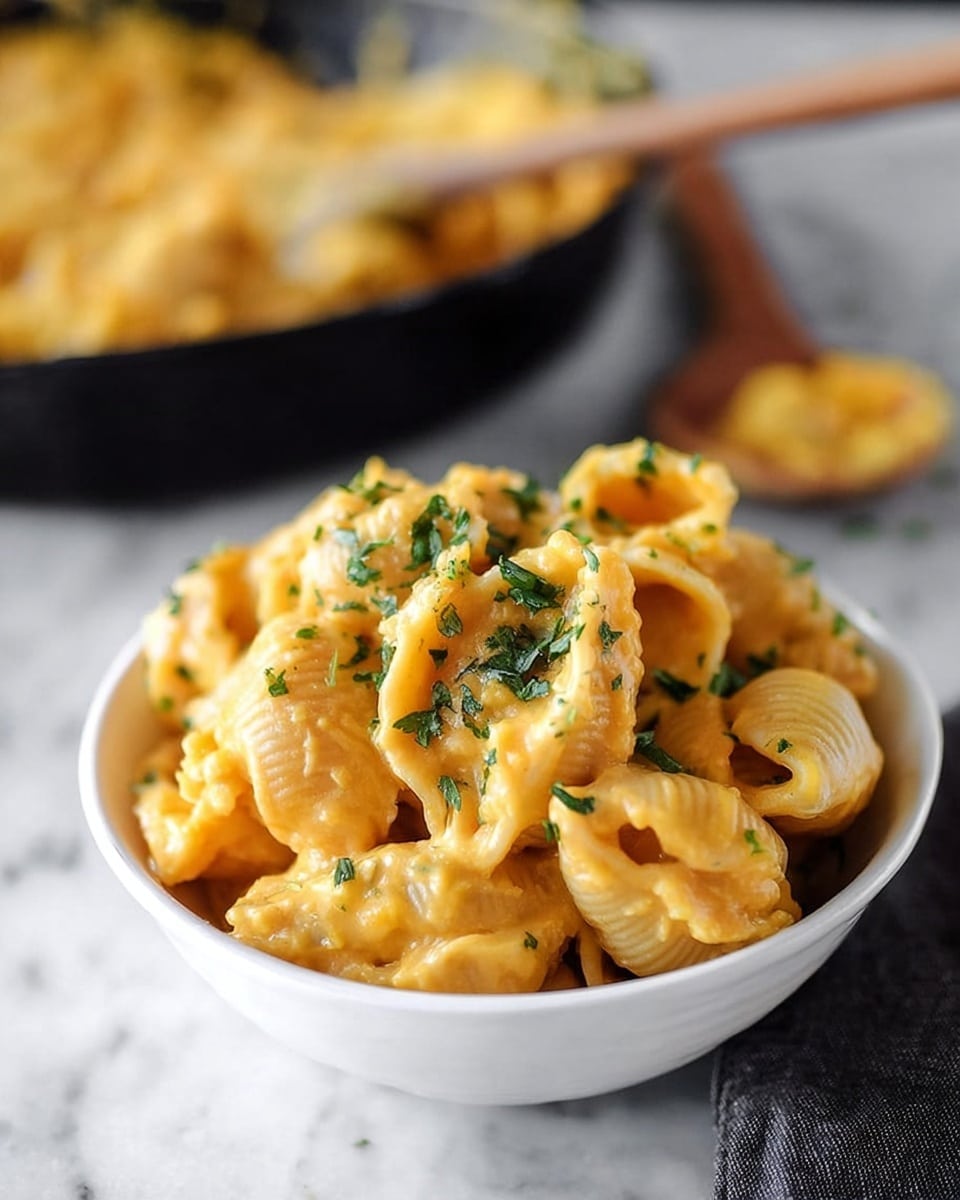 A white bowl is filled with creamy macaroni and cheese shaped like shells, with a rich, smooth yellow-orange sauce coating each piece. The top layer is sprinkled with finely chopped green herbs, adding a fresh touch of color. In the background, a black pan holds more macaroni and cheese, blurred out softly, and a wooden spoon with some pasta on it rests nearby. The surface beneath everything is a white marbled texture. photo taken with an iphone --ar 4:5 --v 7