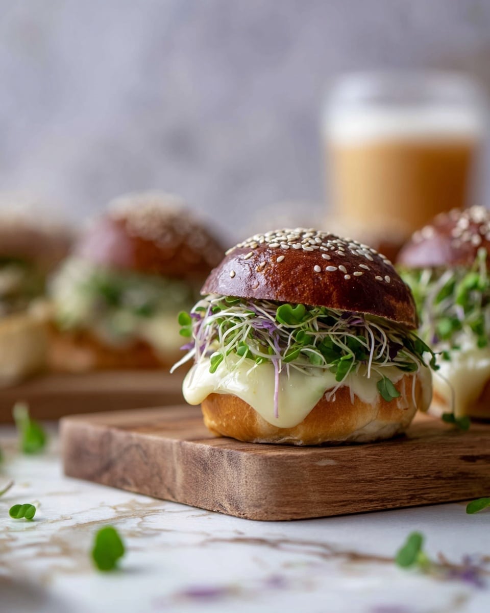 The image shows a small sandwich on a white sesame seed bun, placed on a wooden board. The sandwich has three layers: the bottom bun, a layer of melted white cheese that drips slightly over the edge with a soft and smooth texture, and a pile of fresh green leafy sprouts with some delicate purple stems on top. The top bun, dark brown and glossy with sesame seeds, sits slightly tilted on the greens. In the background, there are more similar sandwiches blurred out and a light-colored drink. The surface has a white marbled texture scattered with a few small green leaves and purple stems. Photo taken with an iphone --ar 4:5 --v 7