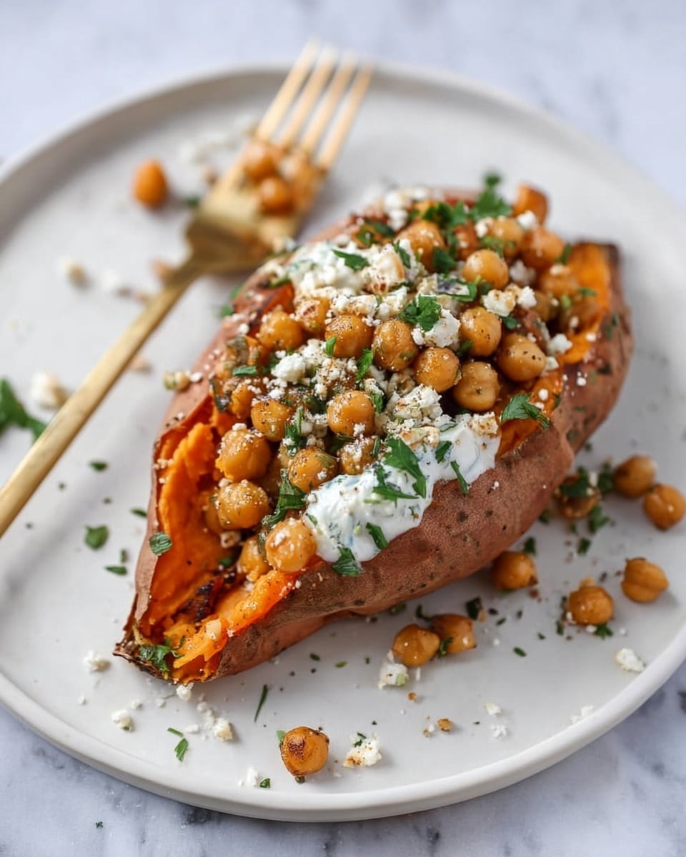 A white plate on a white marbled surface holds a baked sweet potato sliced open down the middle, showing bright orange soft flesh inside. The potato is topped with a generous layer of round golden chickpeas mixed with small green parsley pieces. On one side near the top, there is a dollop of white sour cream or yogurt. Scattered around the plate are small crumbles of white cheese and extra chickpeas. A gold spoon lies next to a fork on the left side of the plate, the spoon holding a few chickpeas. Photo taken with an iphone --ar 4:5 --v 7