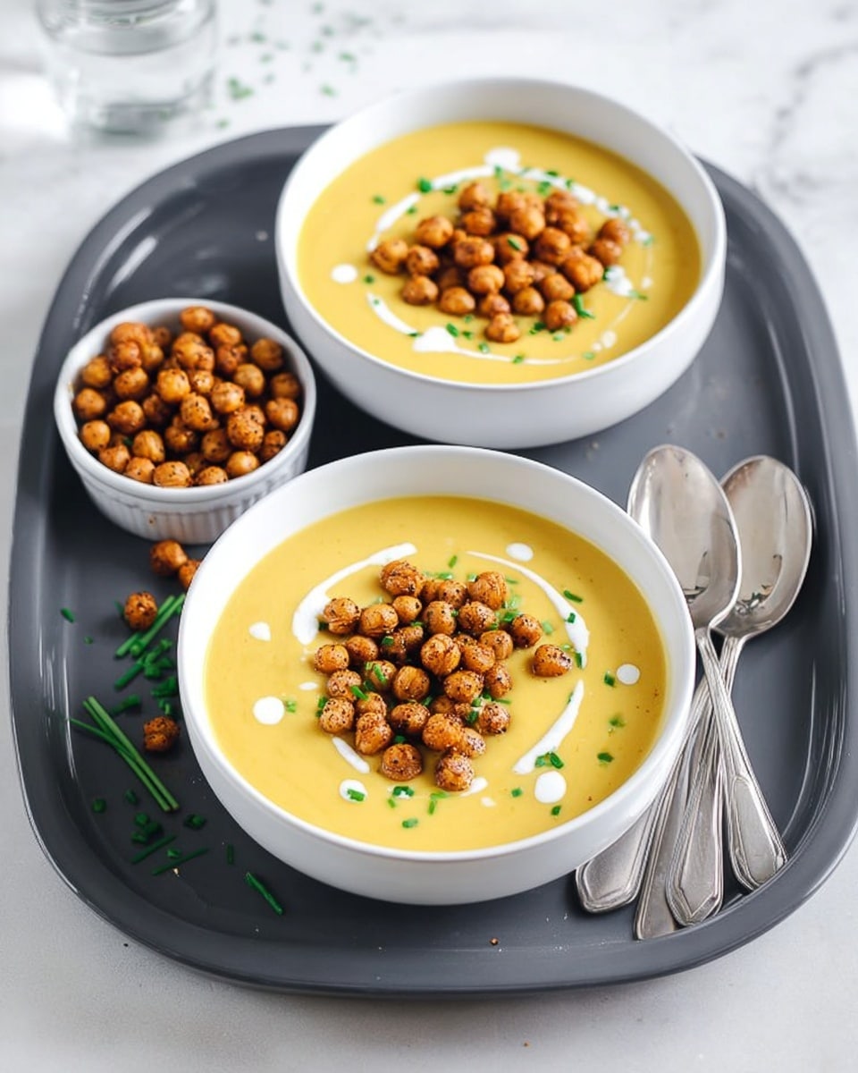 Two white bowls filled with smooth, bright yellow soup sit on a dark gray round tray with a white marbled surface underneath. Each bowl has a small pile of golden brown, spiced chickpeas in the center, adding a rough texture contrast. Drops of white cream are drizzled on the soup surface, scattered around the chickpeas, with small pieces of fresh green chives sprinkled over the top and around the bowls. The colors are vibrant with the yellow soup, green chives, and brown chickpeas all standing out clearly. photo taken with an iphone --ar 4:5 --v 7