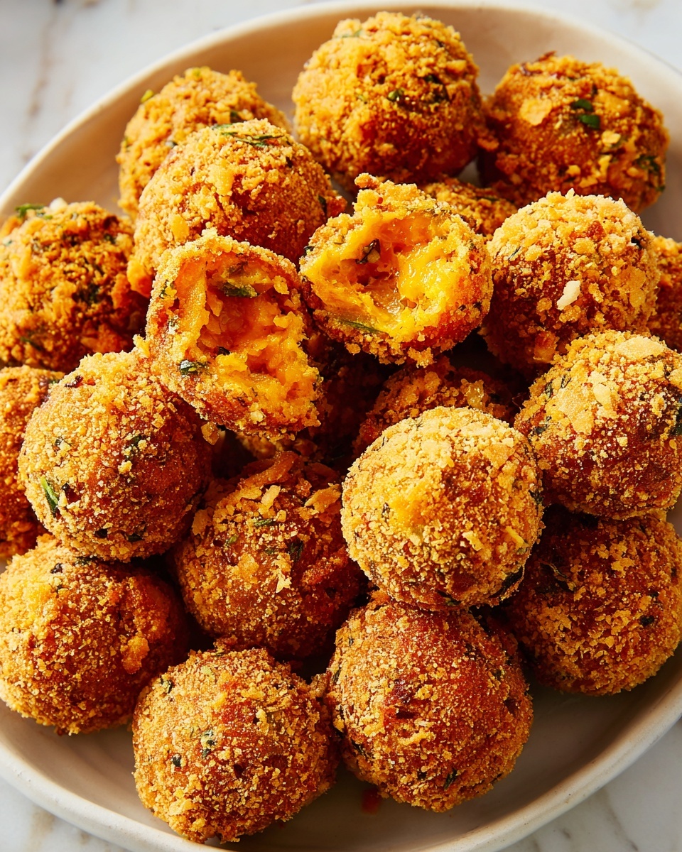 A pile of round, golden-brown crispy balls with a rough, crunchy-looking texture sits on a white plate. The crispy outer layer is made of flaky crumbs with small green herb bits scattered throughout. One ball is broken open at the center, showing an inside of soft, bright orange and yellow, moist filling. The balls are tightly packed together, filling the plate and sitting on a white marbled surface. photo taken with an iphone --ar 4:5 --v 7