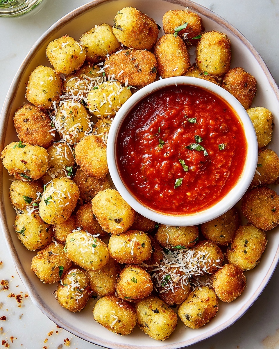 A round white plate filled with many small, golden round fried bites that have a crisp, textured surface sprinkled with grated cheese and small green herb pieces. In the middle of the plate, there is a white bowl filled with thick, bright red tomato sauce with visible bits of herbs and spices. One fried bite is pierced with a toothpick and dipped partly into the tomato sauce, showing its light and fluffy inside. The plate sits on a white marbled surface with some scattered crumbs around it. photo taken with an iphone --ar 4:5 --v 7