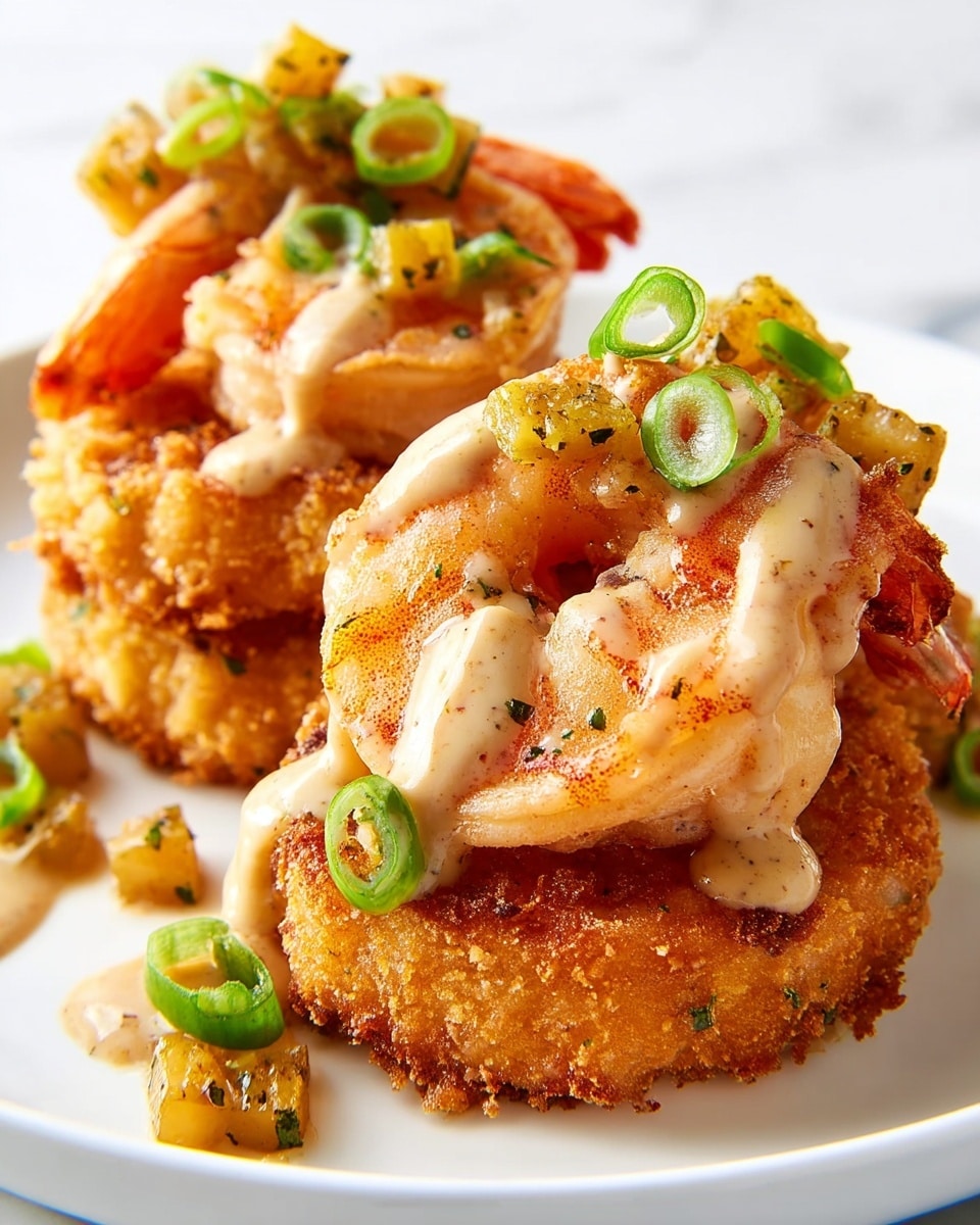 The image shows three stacked pieces of crispy golden-fried bites at the base, topped with warm, orange-pink shrimp that have a slight char. These stacks are drizzled with a creamy, light tan sauce speckled with herbs and spices. Small diced yellow-brown vegetables and bright green scallion slices are sprinkled on top and around the stacks, adding texture and color contrast. The food is on a white plate, placed on a white marbled surface, creating a clean and fresh look. photo taken with an iphone --ar 4:5 --v 7