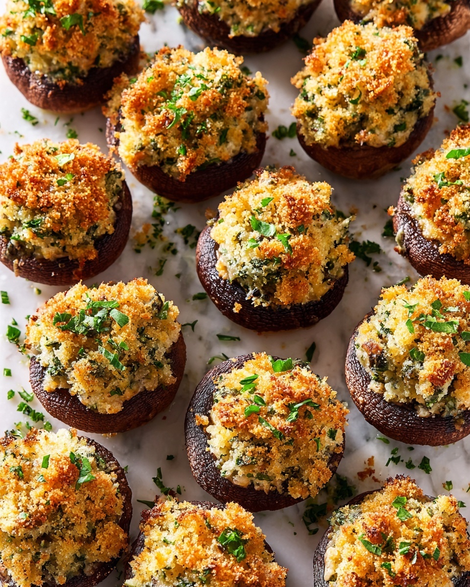A close-up image of stuffed mushrooms arranged closely on a white marbled surface, each mushroom cap dark brown and slightly wrinkled, filled with a crumbly, golden-brown topping mixed with green herbs. The topping is layered thickly, with a crunchy texture visible throughout, and small bright green herb pieces sprinkled on top and around the mushrooms. The filling looks soft and dense underneath the crispy top, creating a pleasing contrast of textures. photo taken with an iphone --ar 4:5 --v 7