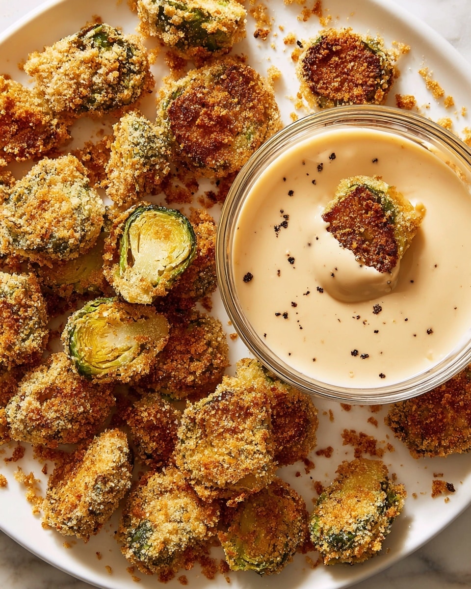 The image shows crispy baked Brussels sprouts scattered across a white marbled surface. Each sprout is coated with a golden brown breadcrumb layer that looks crunchy and lightly toasted, with some spots darker than others. The Brussels sprouts have some green leaves visible beneath the crumb coating, adding a fresh green color contrast. Small white shreds of cheese are sprinkled over the sprouts, enhancing their textured surface. On the left side of the image, there is a clear glass bowl filled with a smooth, creamy white sauce, topped with a sprinkling of black pepper. Photo taken with an iphone --ar 4:5 --v 7