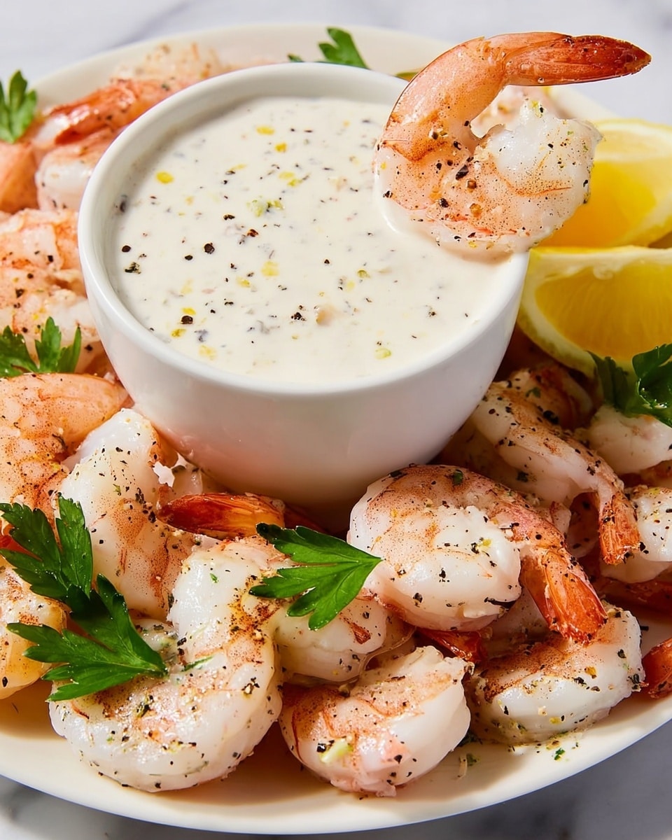 A white plate filled with a single layer of cooked shrimp, which are pale pink and white with small black pepper specks on them. Scattered among the shrimp are bright green flat parsley leaves and a wedge of yellow lemon placed on the right side. On the left side of the plate, a small white bowl contains a creamy white dipping sauce topped with lemon zest and black pepper. The plate sits on a white marbled surface. photo taken with an iphone --ar 4:5 --v 7